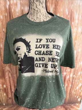 Green Bleached Michael Meyers Graphic Short Sleeve Tee with Quote